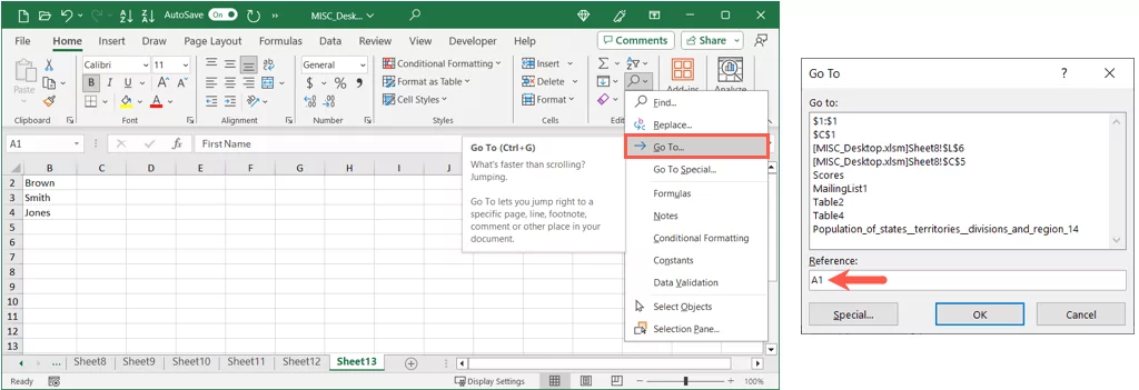 cách bỏ ẩn cột đầu tiên hoặc hàng trong excel-worksheets-6-nén - Help Desk Geek Đi tới trong menu Tìm & Chọn và hộp Đi tới hiển thị A1 làm Tham chiếu