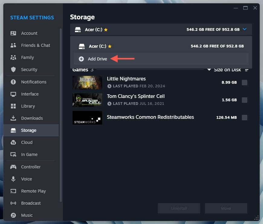 cách kiểm tra-steam-games-storage-usage-in-windows-11-17-nén - Help Desk Geek Thêm tùy chọn Drive được tô sáng trong Steam SettingsMàn hình lưu trữ của.