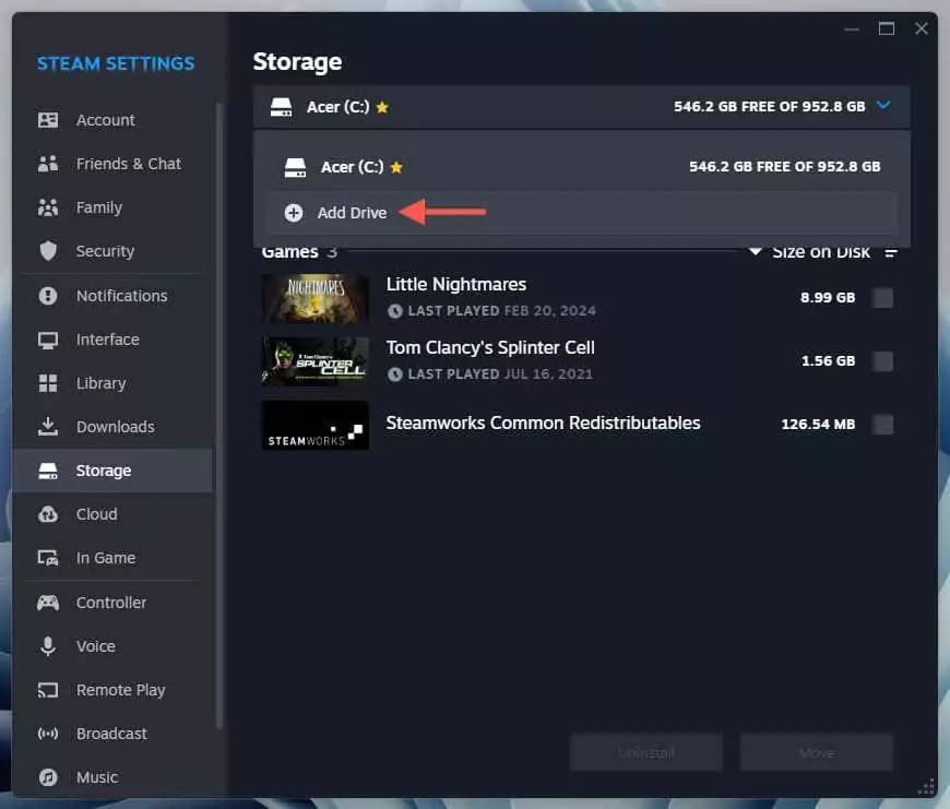 cách kiểm tra-steam-games-storage-usage-in-windows-11-17-nén - Help Desk Geek Thêm tùy chọn Drive được tô sáng trong Steam SettingsMàn hình lưu trữ của.