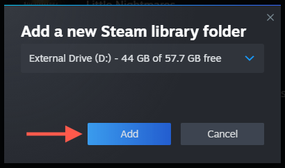 cách kiểm tra-steam-games-storage-usage-in-windows-11-18-nén - Help Desk Geek Nút Thêm được tô sáng trong cửa sổ bật lên Thêm thư mục thư viện Steam mới.