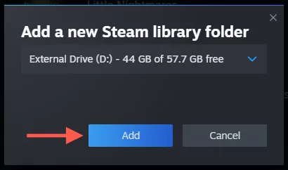 cách kiểm tra-steam-games-storage-usage-in-windows-11-18-nén - Help Desk Geek Nút Thêm được tô sáng trong cửa sổ bật lên Thêm thư mục thư viện Steam mới.