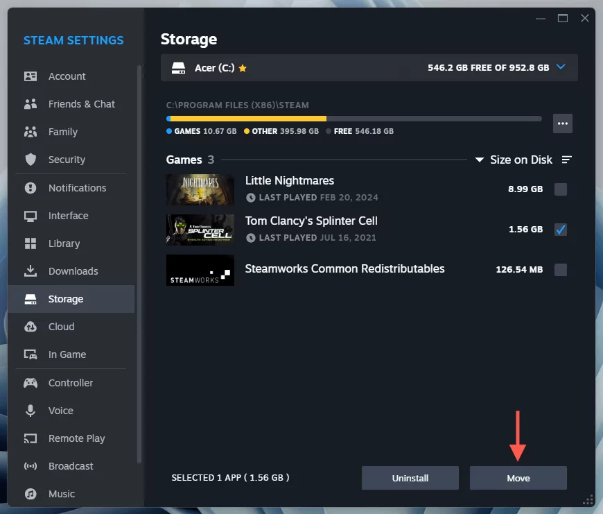 cách kiểm tra-steam-games-storage-usage-in-windows-11-19-nén - Help Desk Geek Tùy chọn di chuyển được đánh dấu trong Steam SettingsMàn hình lưu trữ của.