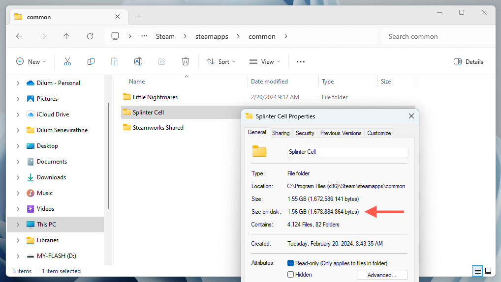 cách kiểm tra-steam-games-storage-usage-in-windows-11-11-nén - Help Desk Geek Kích thước trên đĩa được đánh dấu trong trò chơi Steam Properties hộp thoại.