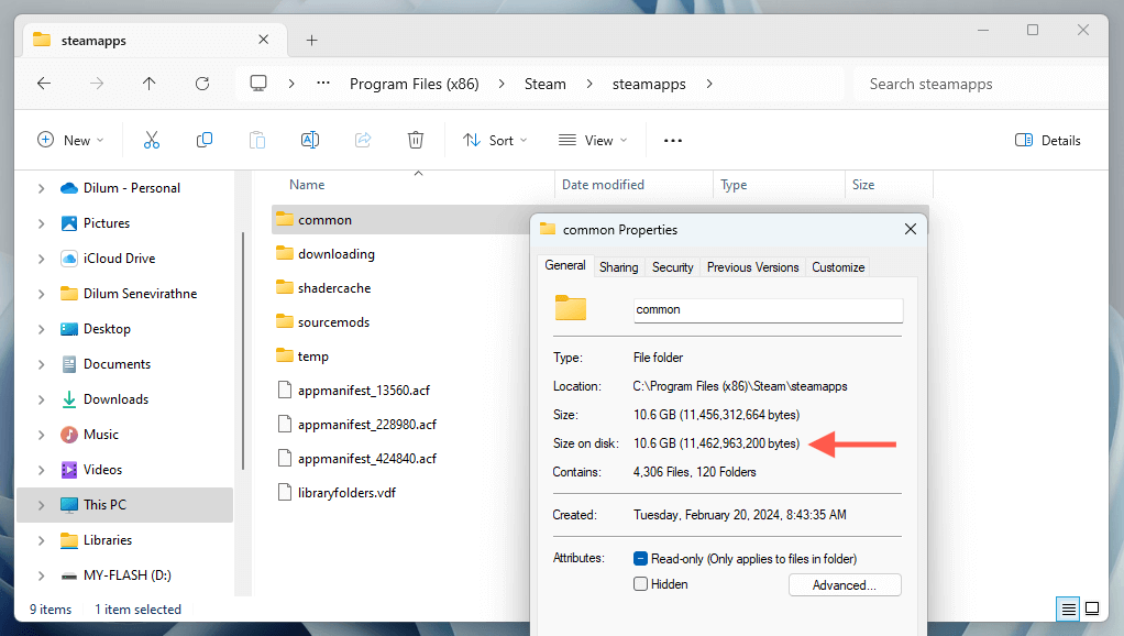 cách kiểm tra-steam-games-storage-usage-in-windows-11-12-nén - Help Desk Geek Kích thước trên đĩa được đánh dấu trong thư mục cài đặt trò chơi Steam Properties hộp thoại.