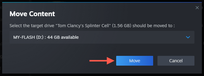 cách kiểm tra-steam-games-storage-usage-in-windows-11-20-nén - Help Desk Geek Nút Di chuyển được đánh dấu trong cửa sổ bật lên Di chuyển Nội dung.