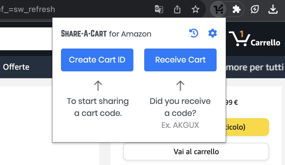 Cách chia sẻ giỏ hàng Amazon của bạn 8 Ảnh chụp màn hình của Share-A-Cart Extension thực đơn