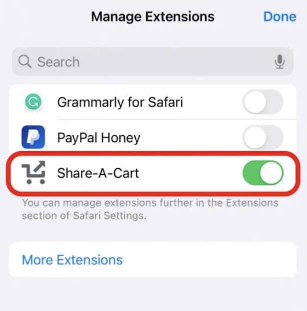 Cách chia sẻ giỏ hàng Amazon của bạn 13 Ảnh chụp màn hình trang Quản lý tiện ích mở rộng trên iPhone