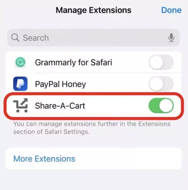 Cách chia sẻ giỏ hàng Amazon của bạn 13 Ảnh chụp màn hình trang Quản lý tiện ích mở rộng trên iPhone