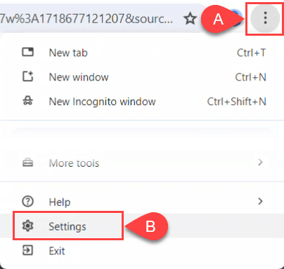 Ảnh chụp màn hình mở Settings thực đơn trong Google Chrome