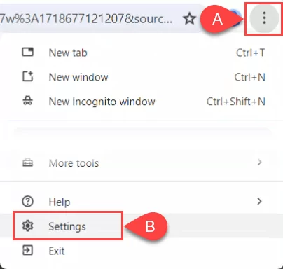 Làm thế nào để xoay Off Tìm kiếm AI của Google: Quay lại kết quả tìm kiếm cổ điển 3 Ảnh chụp màn hình mở Settings thực đơn trong Google Chrome