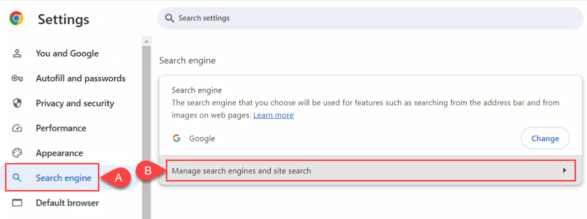Ảnh chụp màn hình khi mở Công cụ tìm kiếm Settings trong Google Chrome