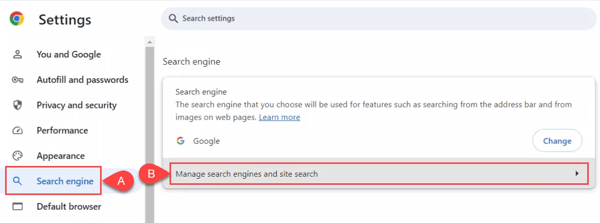 Làm thế nào để xoay Off Tìm kiếm AI của Google: Quay lại kết quả tìm kiếm cổ điển 5 Ảnh chụp màn hình khi mở Công cụ tìm kiếm Settings trong Google Chrome