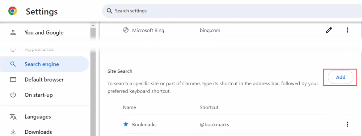 Ảnh chụp màn hình thêm công cụ tìm kiếm tùy chỉnh mới vào Google Chrome