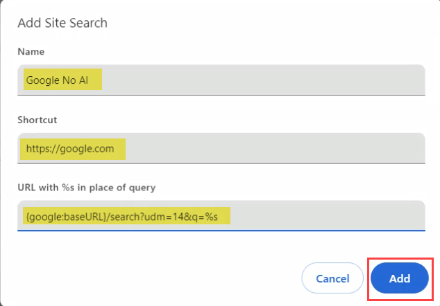 Ảnh chụp màn hình điền thông tin chi tiết cho tìm kiếm trang web mới trong Google Chrome