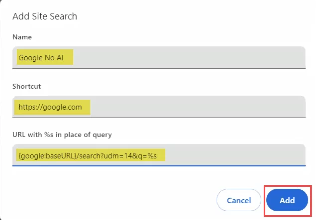 Làm thế nào để xoay Off Tìm kiếm AI của Google: Quay lại kết quả tìm kiếm cổ điển 9 Ảnh chụp màn hình điền thông tin chi tiết cho tìm kiếm trang web mới trong Google Chrome