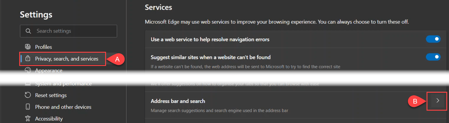 Ảnh chụp màn hình khi mở Quyền riêng tư, Tìm kiếm và Dịch vụ Settings trong Microsoft Edge