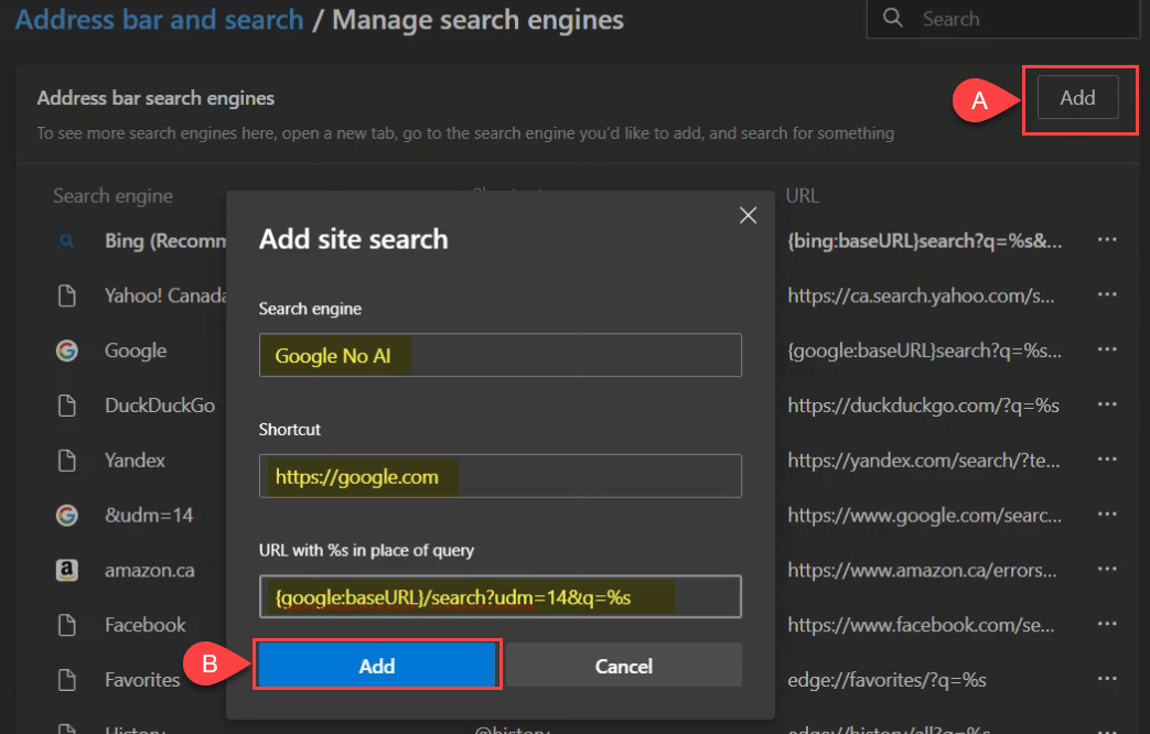 Ảnh chụp màn hình cách thêm và tùy chỉnh công cụ tìm kiếm mới trong Microsoft Edge