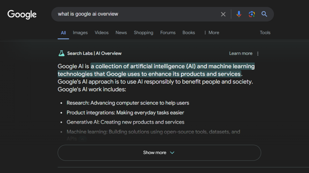 Xoay Off Hình ảnh nổi bật của Google AI Search hiển thị ví dụ về tổng quan về AI trong tìm kiếm - Turn-off-google-ai-search-feature