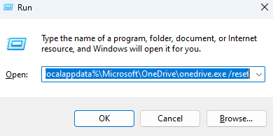 Cách thiết lập lại OneDrive trong Windows 6 Chạy hộp thoại với đường dẫn chuỗi dài được nhập vào