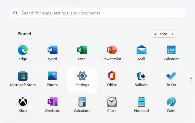 Cách ẩn hoặc xóa Copilot khỏi thanh tác vụ Windows 11 4 Menu Bắt đầu với Settings biểu tượng được tô sáng