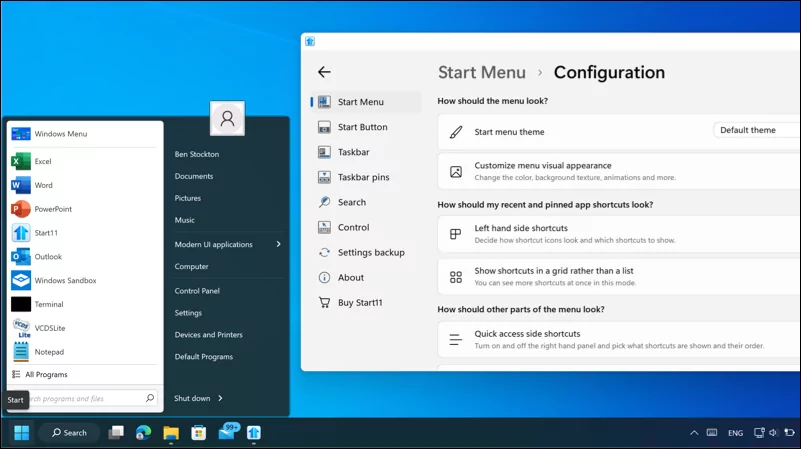 Các lựa chọn thay thế tốt nhất cho Menu Bắt đầu của Windows 11 2 Start11 chạy trên Windows 11, hiển thị menu Bắt đầu theo phong cách Windows 7 cũng như menu cấu hình cho Start11.