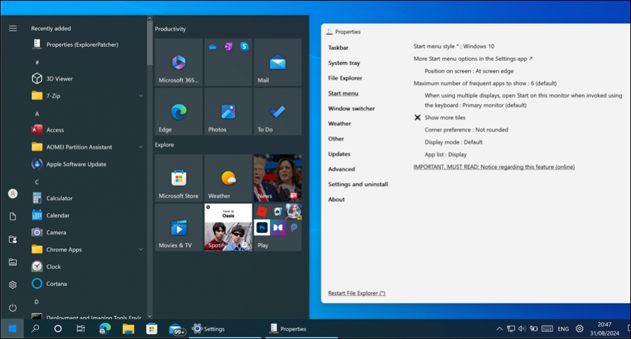 Các lựa chọn thay thế tốt nhất cho Menu Bắt đầu của Windows 11 8 Explorer Patcher trên Windows 11, hiển thị menu Start được cập nhật và các tùy chọn tùy chỉnh.