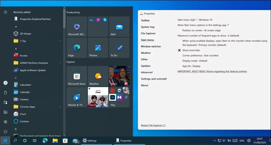 Các lựa chọn thay thế tốt nhất cho Menu Bắt đầu của Windows 11 8 Explorer Patcher trên Windows 11, hiển thị menu Start được cập nhật và các tùy chọn tùy chỉnh.