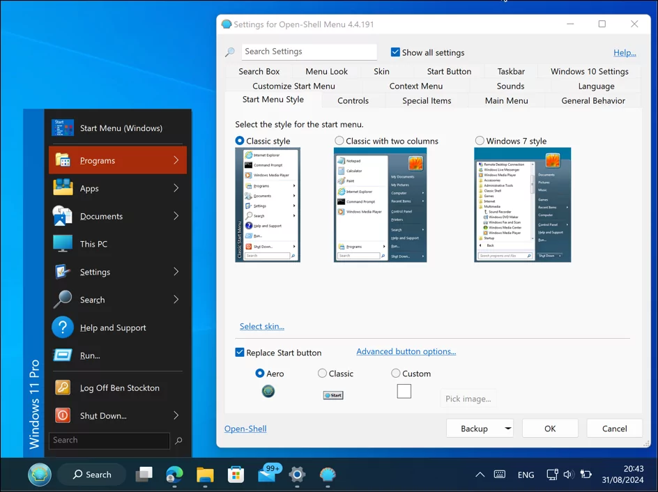 Các lựa chọn thay thế tốt nhất cho Menu Bắt đầu của Windows 11 7 Open Shell chạy trên Windows 11 với menu Bắt đầu và menu cài đặt Open Shell đều mở.