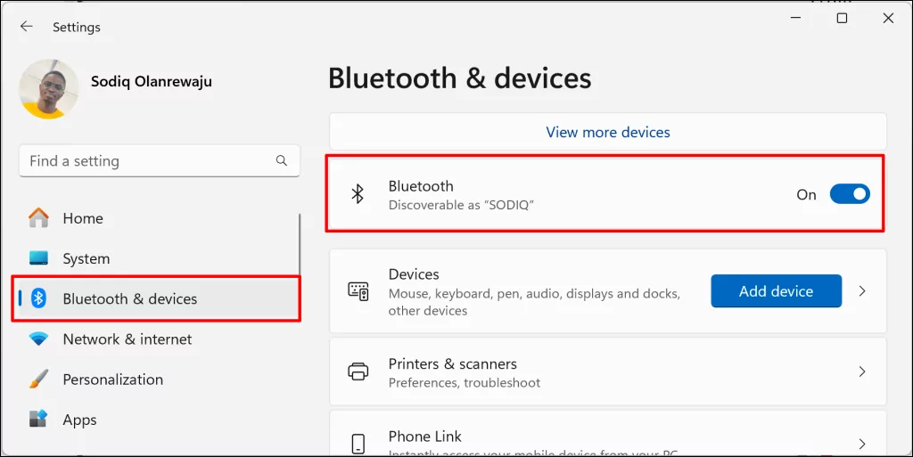 Cách khắc phục lỗi “Remove Failed” Bluetooth trong Windows 11 40 "Bluetooth và thiết bị" menu cài đặt trong Windows