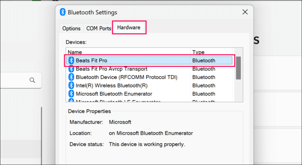 Cách khắc phục lỗi “Remove Failed” Bluetooth trong Windows 11 7 "Phần cứng" tab trong Windows Bluetooth Settings