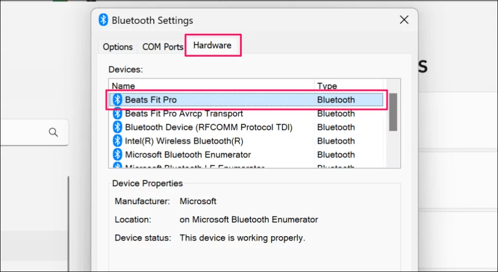 Cách khắc phục lỗi “Remove Failed” Bluetooth trong Windows 11 43 "Phần cứng" tab trong Windows Bluetooth Settings