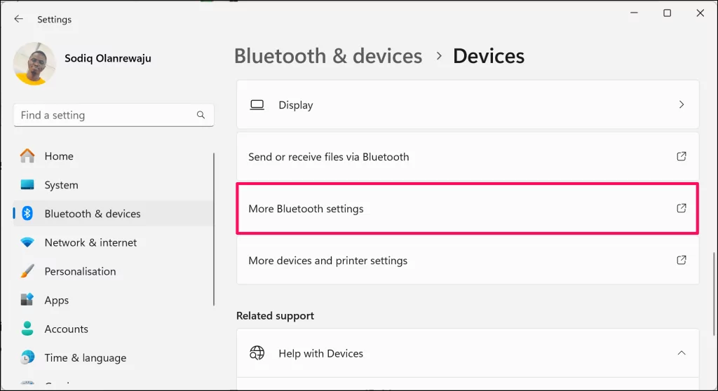 Cách khắc phục lỗi “Remove Failed” Bluetooth trong Windows 11 42 "More cài đặt Bluetooth" được đánh dấu trong menu cài đặt thiết bị và Bluetooth của Windows