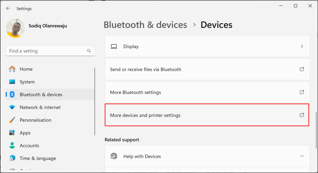 Cách khắc phục lỗi “Remove Failed” Bluetooth trong Windows 11 13 "More cài đặt thiết bị và máy in" tùy chọn được tô sáng trong menu cài đặt thiết bị và Bluetooth của Windows