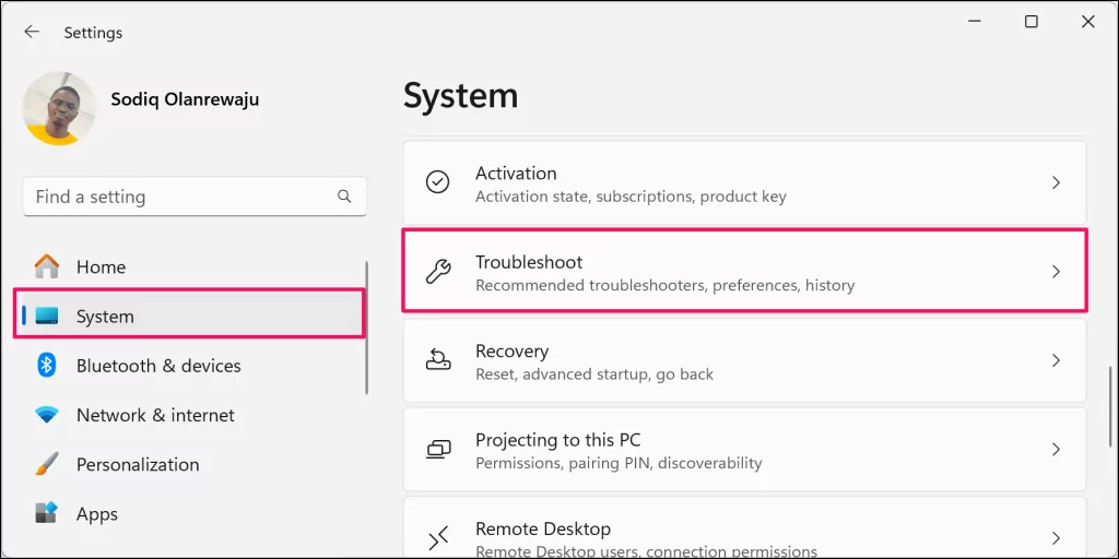 Cách khắc phục lỗi “Remove Failed” Bluetooth trong Windows 11 52 "Khắc phục sự cố" tùy chọn trong menu cài đặt Hệ thống Windows