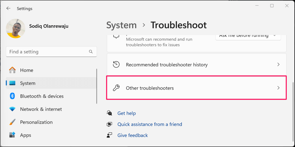 Cách khắc phục lỗi “Remove Failed” Bluetooth trong Windows 11 17 "Trình khắc phục sự cố khác" đánh dấu trong menu cài đặt Khắc phục sự cố của Windows