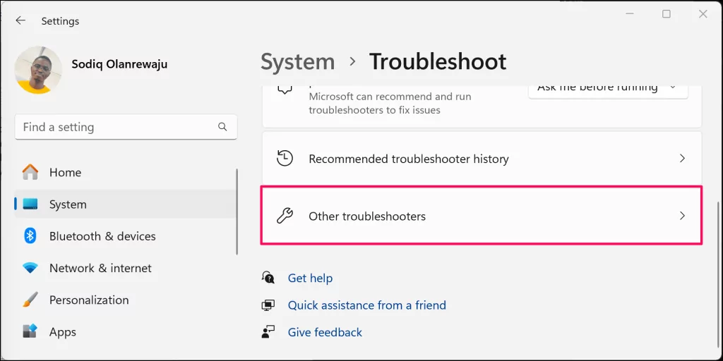 Cách khắc phục lỗi “Remove Failed” Bluetooth trong Windows 11 53 "Trình khắc phục sự cố khác" đánh dấu trong menu cài đặt Khắc phục sự cố của Windows