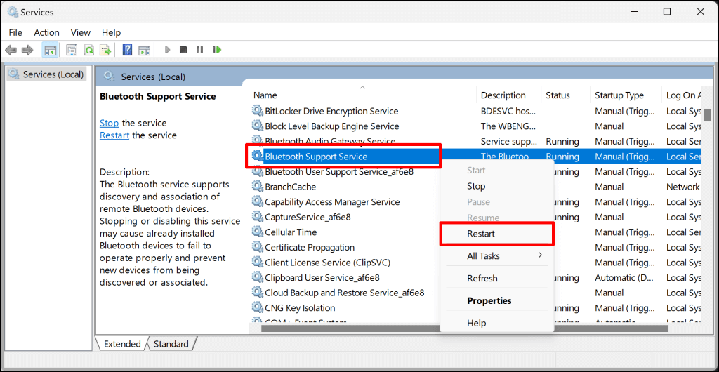 Cách khắc phục lỗi “Remove Failed” Bluetooth trong Windows 11 60 Các bước để khởi động lại Dịch vụ hỗ trợ Bluetooth