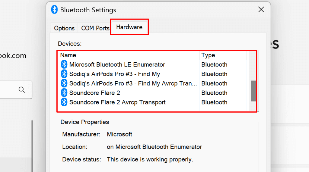 Cách khắc phục lỗi “Remove Failed” Bluetooth trong Windows 11 66 "Phần cứng" tab trong Bluetooth Settings cửa sổ