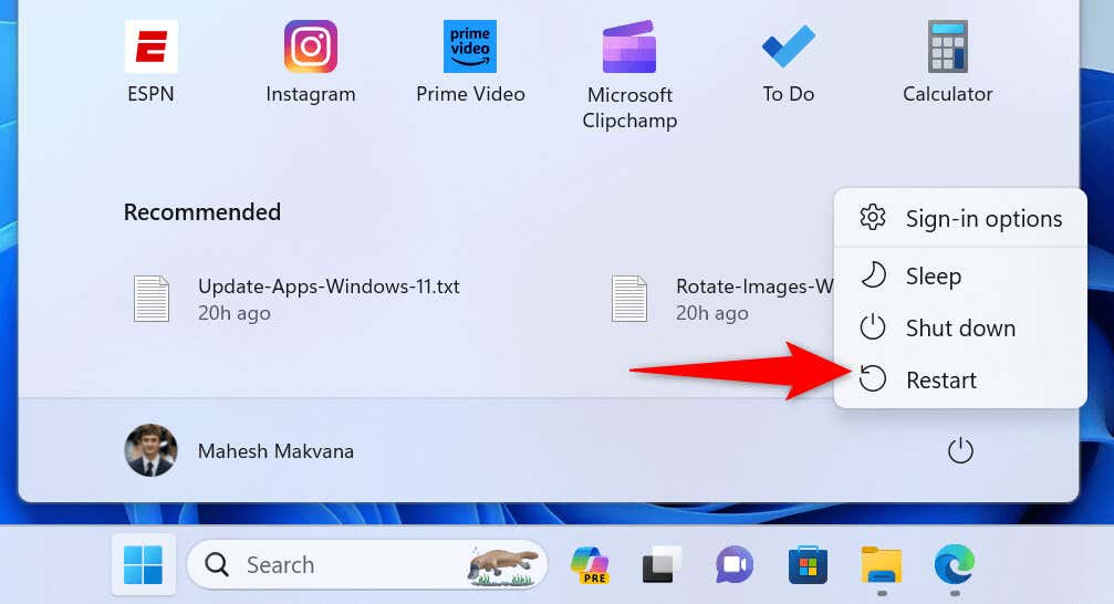 Cách giải quyết lỗi cài đặt Windows Update - 0x80070002 6 "Khởi động lại" được đánh dấu trong menu Bắt đầu của Windows.
