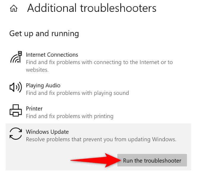 Cách giải quyết lỗi cài đặt Windows Update - 0x80070002 10 "Chạy trình khắc phục sự cố" đánh dấu cho "Cập nhật Windows" trong Windows 10 Settings.