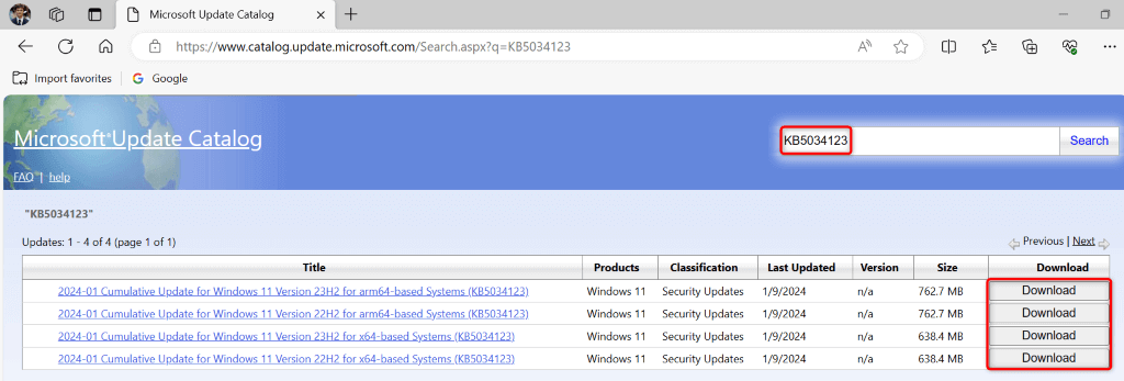 Cách giải quyết lỗi cài đặt Windows Update - 0x80070002 15 Hộp tìm kiếm và "Tải xuống" được đánh dấu để cập nhật trên trang Danh mục Microsoft Update.