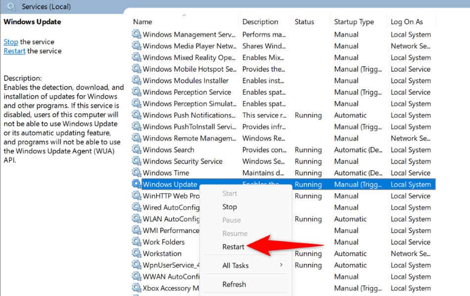 Cách giải quyết lỗi cài đặt Windows Update - 0x80070002 4 "Khởi động lại" đánh dấu cho "Cập nhật Windows" trên "Dịch vụ" cửa sổ.